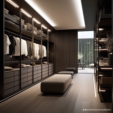 Modern Bedroom With Walk In Closet, Walk In Closet Dark Wood, Walk In Closet Apartment, Walking Closet Modernos, Big Walk In Closet, Modern Industrial House, Walk In Closet Luxury, Modern Closet Designs, Dream Closet Design