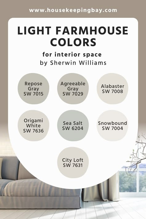 Light Sherwin Williams Farmhouse Colors For Interior Space Popular House Colors Interior, Whole House Paint Colors 2023 Sherwin Williams, Whole House Paint Scheme Light And Airy, Farmhouse Paint Pallet Sherwin Williams, Wintersweet Gray Sherwin Williams, Sherman Williams Farmhouse Colors, Foyer Paint Color Ideas Sherwin Williams, Farmhouse Sherwin Williams Paint Colors, Light French Gray Living Room