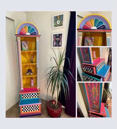 Shelf Painting Ideas Diy Wood Shelves, Whimsical Cabinet, Painted Bookshelves, Colorful Room, Cabinet Diy, Colorful Room Decor, Whimsical Furniture, 70s Aesthetic, Linen Cabinet