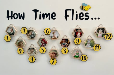 Bee theme birthday picture display. Hexagon photos 1 Year Bee Birthday, First Bee Day Party Backdrop, Bee Day Party Decoration, Honey Theme Birthday Party, Bee Movie Birthday Party Ideas, First Birthday Bumble Bee Theme, 3rd Birthday Bee Theme, Bee Themed First Birthday Party, Diy Bee Day Decor