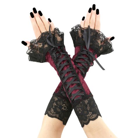 Gothic gloves are a stylish and edgy accessory that can add a touch of drama to any outfit. Typically made from materials like lace, or velvet, gothic gloves often feature intricate designs, such as studs, or intricate embroidery. Perfect for completing a gothic-inspired look or adding a touch of mystery to a more traditional outfit, gothic gloves are a versatile accessory that can elevate any ensemble. gloves without fingers with corset laced and ruffled for gothic bride 01D long fingerless glo Red And Black Gloves, Red Steampunk Aesthetic, Vampire Clothes Women, Red And Black Goth Outfits, Women Vampire Costume, Goth Vampire Costume, Vampire Fashion Aesthetic, Vampire Inspired Outfits, Vampire Goth Outfits