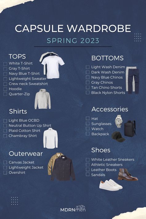 Capsule Wardrobe For Men Checklist - Spring 2023. Every item you will need for Spring Minimalist Wardrobe Men, Capsule Wardrobe Men, Men's Capsule Wardrobe, Mens Wardrobe Essentials, Mens Smart Casual Outfits, Mens Business Casual Outfits, Minimalist Fashion Men, Mens Business, Smart Casual Men