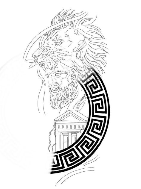 Hairstyles Drawings, Greek Hairstyles, Hercules Tattoo, Calf Tattoo Ideas, Ancient Art Tattoo, Outline Pattern, Chicano Tattoos Sleeve, Zeus Tattoo, Spartan Tattoo