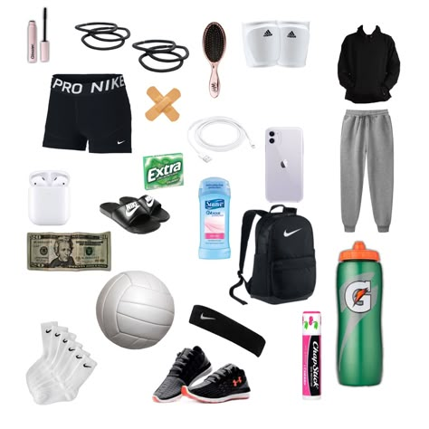 Outfit Ideas For Volleyball, Things You Need In Your Volleyball Bag, Volleyball Bag Must Haves, Volleyball Outfits Ideas, Volleyball Outfit Ideas, What To Have In Your Volleyball Bag, Volleyball Tryouts Outfits, Whats In My Volleyball Bag, Volleyball Bag Essentials List