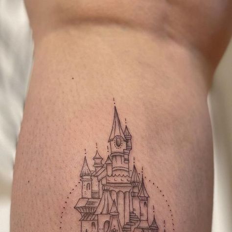 Small Castle Tattoo, Disney Castle Tattoo, Small Castle, Tattoo Disney, Castle Tattoo, Small Castles, Calf Tattoo, Line Work Tattoo, Disney Castle