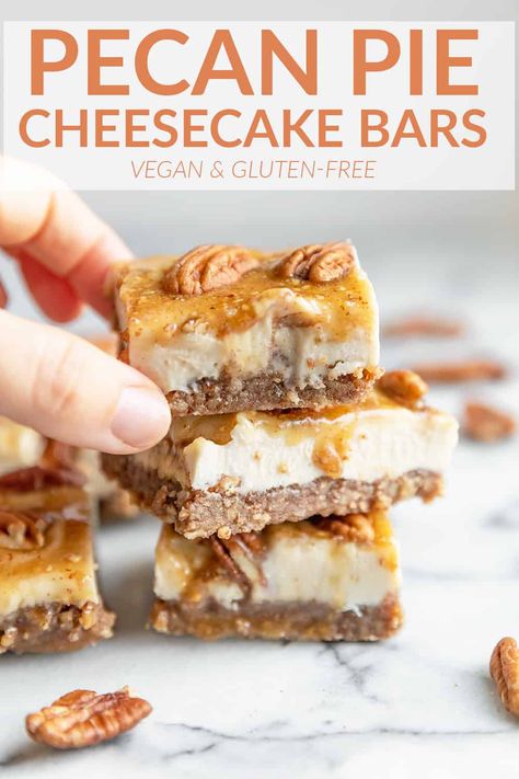 Pecan Pie Cheesecake Bars, Vegan and Gluten-Free! You are going to love these clean eating bars! Pecan Pie crust with dairy-free, no bake cheesecake filling. Dairy Free Pecan Pie, Pecan Pie Cheesecake Bars, Gluten Free Pecan Pie, No Bake Cheesecake Filling, Vegan Pecan Pie, Pecan Pie Crust, Dairy Free Cheesecake, Vegan Pecan, Cream Cheese Bars