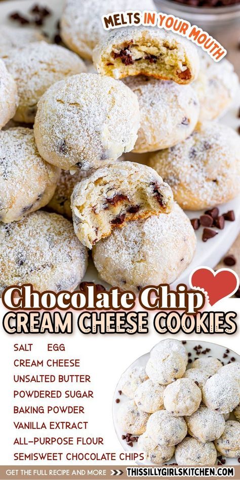 Cookies Made With Cream Cheese, Chocolate Chip Cream Cheese, Cream Cheese Cookie, Cheese Cookies Recipe, Cream Cheese Cookie Recipe, Cheese And Chocolate, Chip Recipe, Soft Cookies, Cheese Cookies