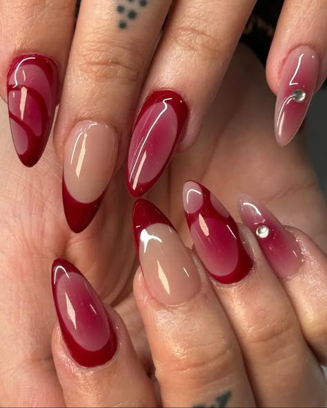 Red Almond Nails Designs Glitter, Mystical Nails Almond, Nail Inspo Simple Design, Tanjiro Nails, Young Miko Nails, Simple Gel Nail Art, Eyeshadow On Nails, Gelx Inspo Nails, Artsy Nails Designs