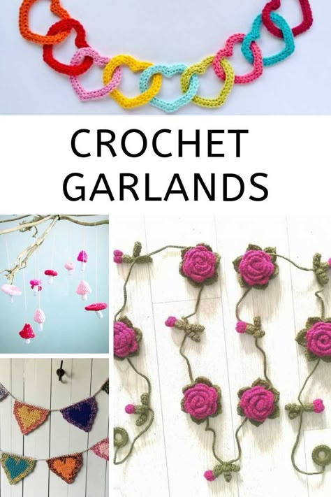 These crochet garland patterns can also be used to make keychains or bookmarks! Crochet Bunting Pattern, Make Keychains, Bunting Pattern, Crochet Bunting, Flowers And Hearts, Crochet Garland, Crochet Christmas Decorations, Crochet Decoration, Crochet Bookmarks