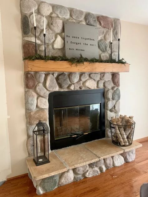 Painted Rock Fireplaces, River Rock Fireplace, Faux Fireplace Ideas, Faux Stone Fireplaces, Stone Veneer Fireplace, Stone Fireplace Makeover, River Rock Fireplaces, Faux Fireplace Mantels, Cottage Fireplace