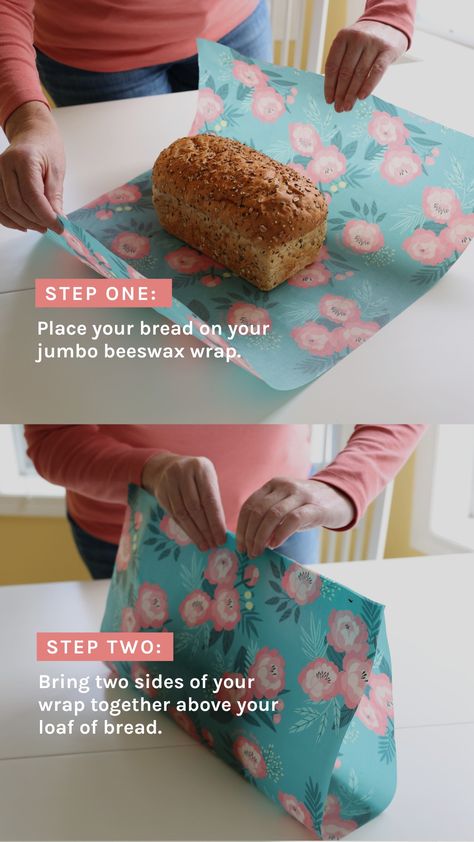 Here is a step by step process of how to wrap a loaf of bread with our jumbo beeswax wraps! This is a perfect way to keep your bread fresh 😋🍞🥖🥐 Package Homemade Bread, Sustainable Bread Packaging, Bread Loaf Wrapping Ideas, How To Package Homemade Bread To Sell, Loaf Cake Wrapping Ideas, How To Wrap A Cake For A Gift, Beeswax Wraps Uses, How To Gift A Loaf Of Bread, Beeswax Wrap Sizes