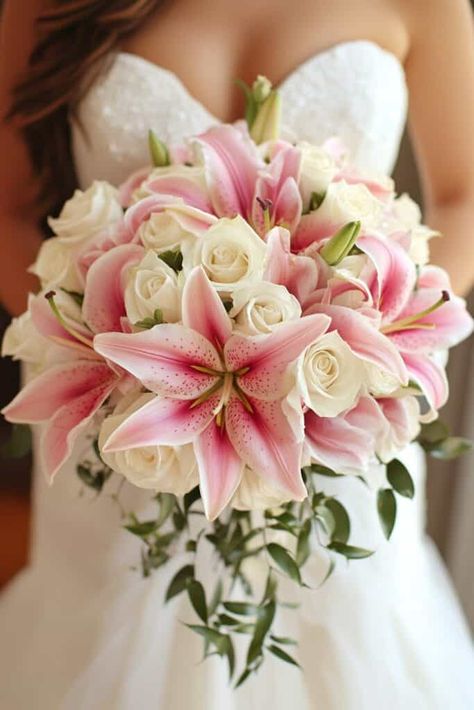 Colourful Wedding Bouquets Brides, Boquetes Of Flowers Weddings, Lily And Rose Bouquet, Stargazer Lily Bouquet, Fresh Flower Bouquets Wedding, Simple Church Wedding, White Lily Bouquet, Lily Bouquets, Homecoming Flowers