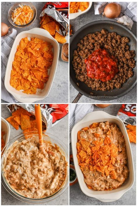 Give this layered Doritos casserole recipe a try for dinner tonight. There is no doubt that the family will love this cheesy and flavorful main dish. Made with beef, sour cream, salsa, cream of mushroom soup, shredded cheese, and of course - Doritos, this dish will be the best meal of the week! #layereddoritoscasserole #doritocasserole #tacocasserolewithdoritos #spendwithpennies Dorrito Casserole, Doritos Casserole Recipes, Doritos Cheese, Dorito Taco Casserole, Hamburger Meat Casseroles, Doritos Recipes, Doritos Casserole, Taco Beef, Recipes Using Cream Cheese