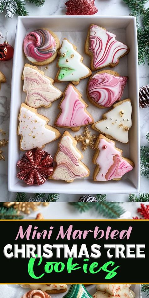 🎄✨ These Mini Marbled Christmas Tree Cookies are a must-have for holiday baking! Perfectly festive and easy to make, these cookies are beautifully marbled in holiday colors and make adorable treats for parties or gifting. 🍪🎁 #ChristmasCookies #HolidayBaking #MarbledCookies #FestiveTreats Iced Christmas Cookies Recipes, Marbled Christmas Tree Cookies, Christmas Individual Wrapped Treats, Cookies For Christmas Party, Christmas Cookies Party Ideas, Holiday Cutout Cookies, Cookie Party Ideas Christmas, Kids Holiday Cookies, Cookie Baking Party Ideas