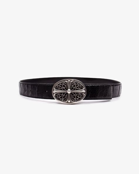 CHROME HEARTS BLACK CROCODILE OVAL CROSS BUCKLE BELT Chrome Heart Belt, Chrome Hearts Belt, Cross Buckle, Heart Belt, Heart Accessories, Accessories Fashion, Chrome Hearts, Mens Accessories Fashion, Buckle Belt