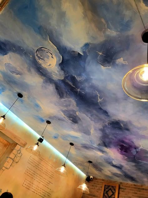 Painted Ceiling Ideas Bedroom Murals, Ceiling Murals Bedroom, Sunset Painted Ceiling, Sunset Ceiling Painting, Sky Paint Ceiling, Ceiling Mural Ideas, Painted Bedroom Ceiling, Cloud Ceiling Painting, Sky Painting Ceiling