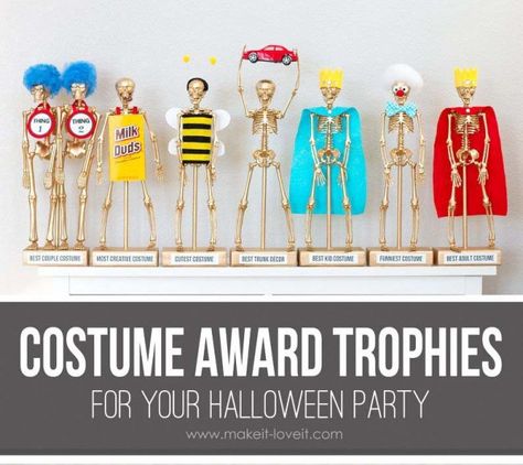 Part of the fun of having a costume contest is awarding prizes to the winners. If you’re looking for unique treats for your best-dressed guests, you can’t go wrong with these custom awa… Baby Wearing Costumes, Halloween Costume Awards, Halloween Trophies, Award Ideas, Custom Trophies, Diy Halloween Costume, Halloween Bash, Halloween Costume Contest, Funny Costumes