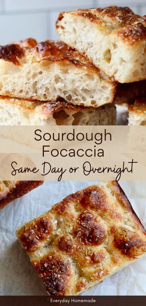 Make the best Sourdough Focaccia with this simple recipe! Using active starter or discard, this focaccia bread can be made the same day or overnight. With just 5 ingredients, it's easy to customize your toppings. Enjoy crispy, fluffy bread that's the perfect side dish for fall dinners and soup. Sourdough Recipes Breads, Foccacia Bread Recipes With Sourdough Starter, Focaccia Sour Dough, Easy Sourdough Foccacia Recipe Same Day, Sourdough Bread Recipe With Starter All Purpose Flour, Thanksgiving Sourdough Focaccia, How To Make A Sourdough Starter From Scratch, Easy Discard Recipes Sourdough, Farmhouse On Boone Sourdough Starter