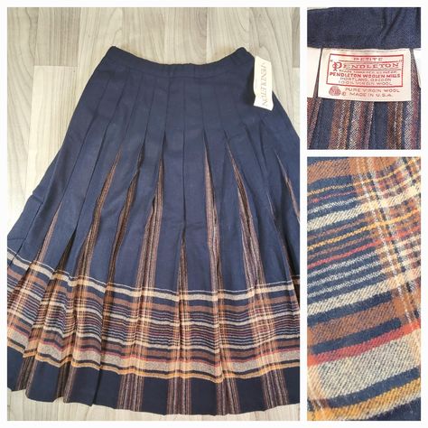 Vintage Pendleton Petite Wool Skirt (Red Label 1980's I Think) New With Original Tags "Special Edition" # 50238 (Skirt Could Use A Good Pressing To Crispen The Crease Lines) Pleated Blue With Striped/Plaid Bottom (Shades Of Brown) Midi Length Skirt The Pleats Nicely Highlighting And Revealing Plaid. Petite Size 10 26" Waist (Vintage Sizes Run Fairly Small) 100% Virgin Wool, Made In Usa. Side Zip With Button; Top Stitched Pleated Skirt; No Lining; No Pockets Approximate Measurements With Garment 60s Skirt, Warm Skirts, Twirly Skirt, Plaid Outfits, Midi Length Skirts, Wool Skirts, Stripe Skirt, Fashion Plates, Dress With Cardigan