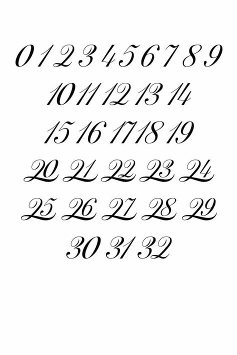 Free Printable Fancy Calligraphy Numbers 0-32 - Freebie Finding Mom Calligraphy Numbers Tattoo, Best Number Fonts For Tattoos, How To Write Numbers Fancy, Fancy Numbers Calligraphy, Elegant Number Fonts, How To Write Numbers, Cursive Handwriting Numbers, Fonts Handwriting Numbers, Cursive Numbers Tattoo