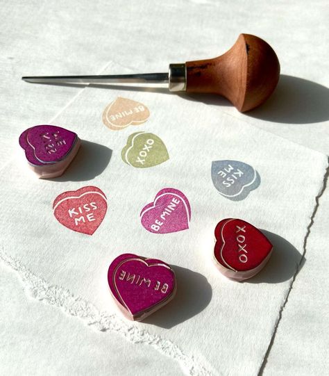 Block Printing Stamps, Rubber Stamp Design Ideas, Valentines Linocut, Small Linocut Stamps, Linocut Valentines, Lino Stamp Ideas, Diy Stamps Homemade, Stamp Art Ideas, Sweet Hearts Candy