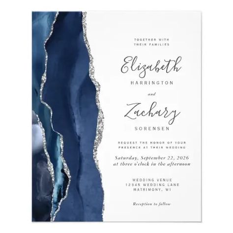 Invite family and friends to your wedding without breaking the bank with these ultra-low-budget paper wedding invitation flyers. The left-hand edge of this elegant modern wedding invitation features a navy blue watercolor agate border trimmed with faux silver glitter. The customizable text combines handwriting, copperplate and italic fonts in charcoal gray on a white background. The reverse side features a matching navy blue and silver agate design. Marble Invitation, Wedding Flyers, Silver Invitation, Silver Wedding Invitations, Agate Wedding, Elegant Modern Wedding, Afternoon Wedding, Blue Invitation, Navy Wedding Invitations