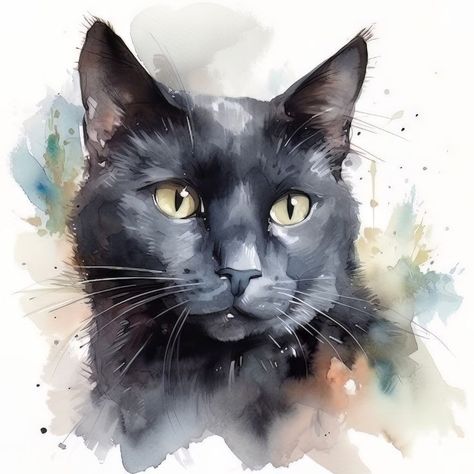 Black Cat Painting Watercolor, Watercolor Black Cat Tutorial, Black Cat Watercolor Easy, How To Paint A Black Cat In Watercolor, Watercolour Black Cat, Black Cat Portrait Painting, Black Cat Watercolor Paintings, Watercolor Cat Portraits, Watercolour Cats Painting