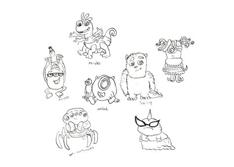 Here you can see baby versions of Mike, Sully, Randall, Fungus, Waternous, Ross and Shelia Mike And Sully Tattoo, Sully Tattoo, Monsters Inc Characters, Mike And Sully, Disney Babies, Monster Inc, Pixar Characters, Tattoo Outline, Monsters Inc