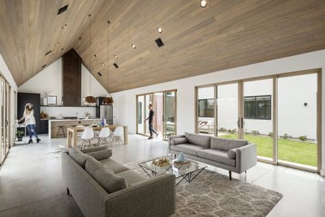 Vaulted Ceiling Living Room Open Concept, Indoor Glass Doors, Living Room Open Concept, Herringbone Tile Backsplash, Vaulted Ceiling Living Room, Canal House, Fireclay Tile, Modern Barn House, Herringbone Tile