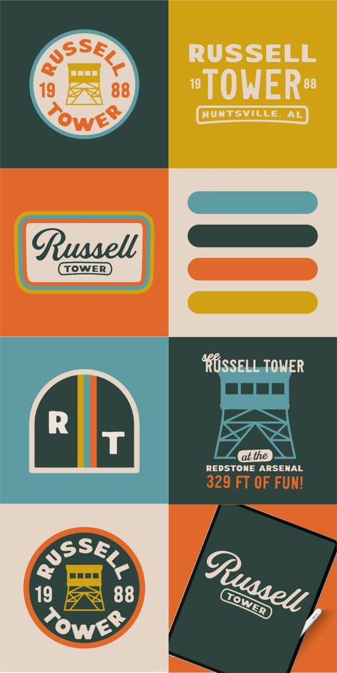 Vintage-inspired logo designs and branding for 'Russell Tower,' featuring bold typography, retro color palettes Americana Logo Design, Camp Merch Ideas, Old School Branding, Stamp Logo Design Branding, Dive Bar Branding, Summer Camp Logo Design, 60s Logo Design, Cabin Logo Design, Thrift Store Branding