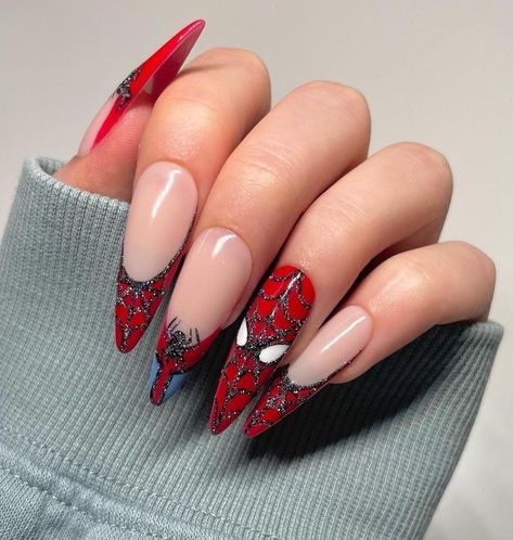 Nails Acrylic Cartoon, Short Cartoon Nails, Pink Cartoon Nails, Cartoon Nails Disney, Halloween Nails Red, Cartoon Nails Acrylic, Red Halloween Nails, Nails In Blue, Spider Man Cartoon