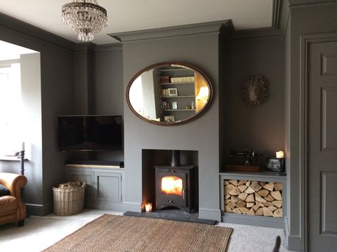 Farrow and Ball - Moles Breath. Living room. Style it dark. Vintage. Grey room. Log burner. Instagram -HeritageDecorating Moles Breath, Alcove Ideas Living Room, Log Burner Living Room, Snug Room, Victorian Living Room, Dark Living Rooms, Picture Rail, Cosy Living, Dark Vintage