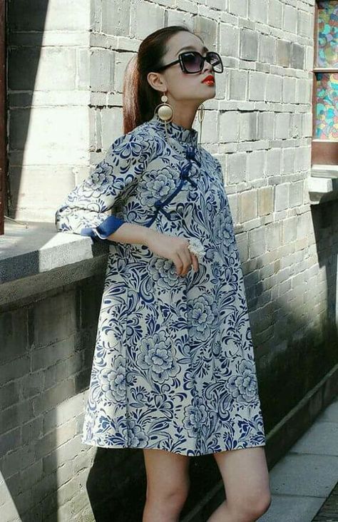 Chinese Dress Modern, Asian Style Dress, Batik Skirt, Porcelain Print, Cheongsam Modern, Chinese Style Dress, Qipao Dress, Blue And White Porcelain, Dress Linen