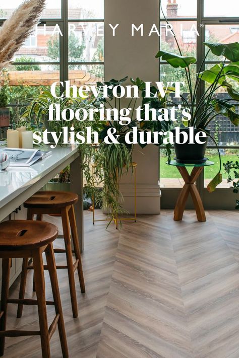 The beauty of a chevron LVT floor is that it perfectly blends style with durability ✨ The timeless chevron pattern, as seen here with Hurst Chevron Old Bramble, adds a touch of elegance to your home while the luxury vinyl design keeps it soft underfoot and easy to clean, ideal for carefree summer days. Order your free sample online to see for yourself... Lvt Flooring Kitchen, Herringbone Lvt, Chevron Flooring, Flooring Kitchen, Kitchen Wood, Lvt Flooring, Wood Effect Tiles, Bramble, Free Sample