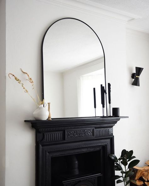 Mantlepiece Mirror, Mirror Over Fireplace, Mirror Above Fireplace, Black Arch Mirror, Edwardian Fireplace, Wood Mirrors, Curved Mirror, Mantle Mirror, Cozy Living Room Design