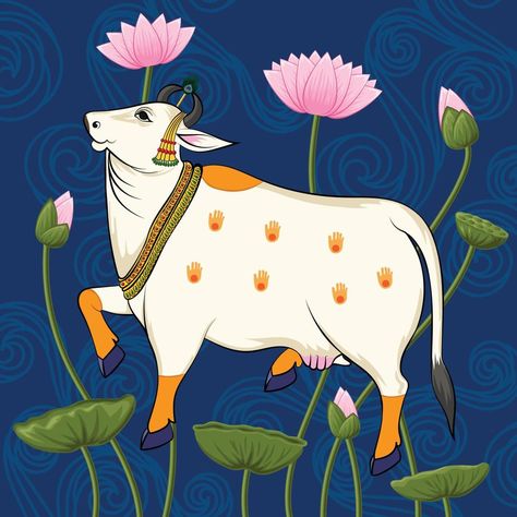 Rajasthani Painting, Cow Art Print, Traditional Folk Art, Cow Drawing, Fabric Painting Techniques, Pichwai Paintings, Linen Fabrics, Cow Painting, Vector Background Pattern