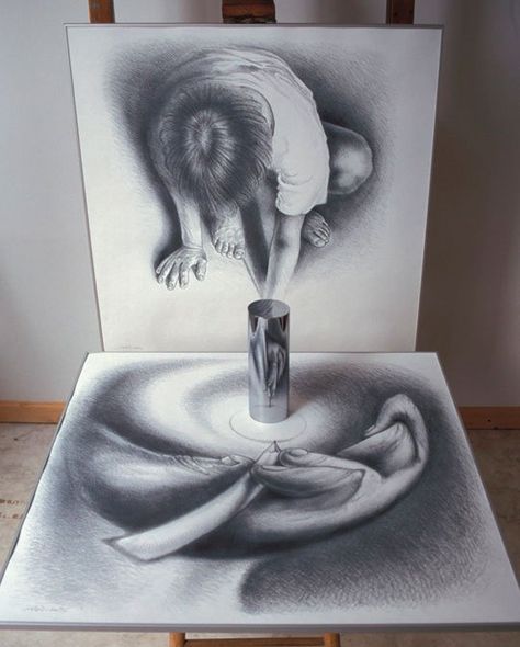 These Artworks Come to Life When You Place a Mirror On It Mc Escher, Mirror Art, A Mirror, Pencil Art, Pencil Drawing, 3d Art, Cool Drawings, Art Forms, Amazing Art