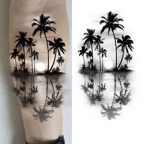 Seashore Tattoo Ideas, 3d Palm Tree Tattoo, Island Palm Tree Tattoo, Tree And Mountain Tattoo Sleeve, Miami Palm Tree Tattoo, Palms Tattoo Ideas, Long Beach Tattoo Idea, Hawaiian Sunset Tattoo, Tropical Tattoo Ideas For Women