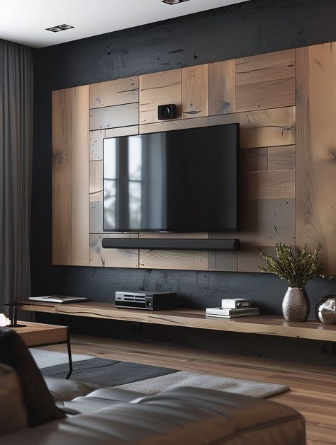 45 Aesthetic Ideas for Decorating Under & Around Your TV Wood Behind Tv On Wall Mounted Tv, Industrial Tv Unit Design, Where To Put A Tv With No Wall Space, Black Shiplap Behind Tv, Tiled Tv Wall, Home Decor Ideas Tv Wall, Tv Wall Industrial, Accent Wall Behind Tv Living Room, Living Room Shelving Ideas The Wall