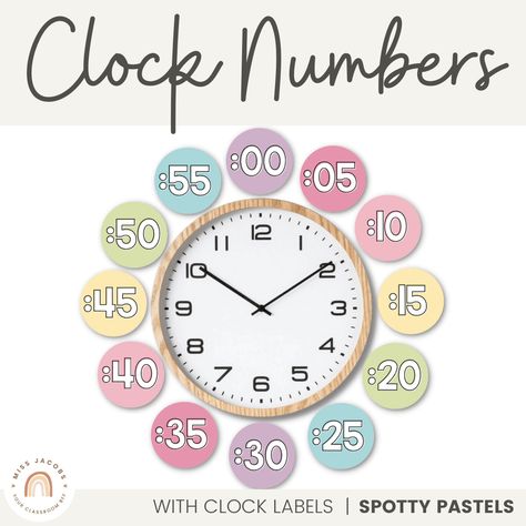 Purchase CLOCK NUMBER LABELS | SPOTTY PASTELS and 2 other items Muted Rainbow Color Palette, Classroom Clock, Joy Decorations, Clock Labels, Clock Numbers, Classroom Decor Bundle, Number Labels, Modern Classroom, Muted Rainbow