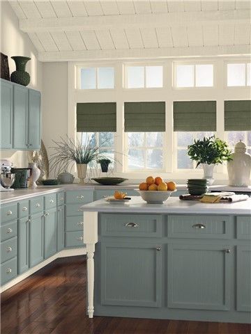 Benjamin Moore Green, Benjamin Moore Kitchen, Kitchen Cabinets Color Combination, Kitchen Facelift, Living Room Wall Color, Room Wall Colors, Kitchen Design Color, Blue Kitchen Cabinets, Grey Kitchen Cabinets