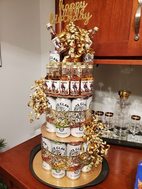 Booze Cake Tower, Alcohol Tower, Beer Cake Tower, Tipsy Cake, Sports Banquet Centerpieces, Beer Bottle Cake, Booze Cake, 21st Birthday Basket, Booze Gift