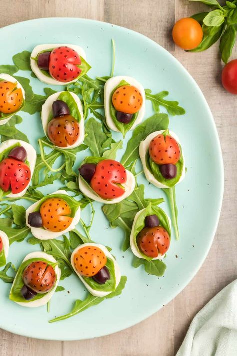 Garden Themed Appetizers, Ladybug Caprese Appetizer, Farm Theme Appetizers, Bug Appetizers, Ladybug Caprese, Alice In Wonderland Tea Party Food, Ladybug Appetizers, Ladybug Food, Miraculous Awakening