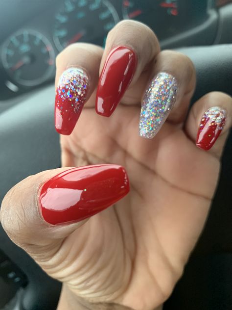 Red Nails With Glitter Accent, Red Nails Ideas Glitter, Silver And Red Nails, Sparkly Silver Nails, Red Sparkly Nails, Red And Silver Nails, Classic Nail Polish, Grey Acrylic Nails, Hoco Nails