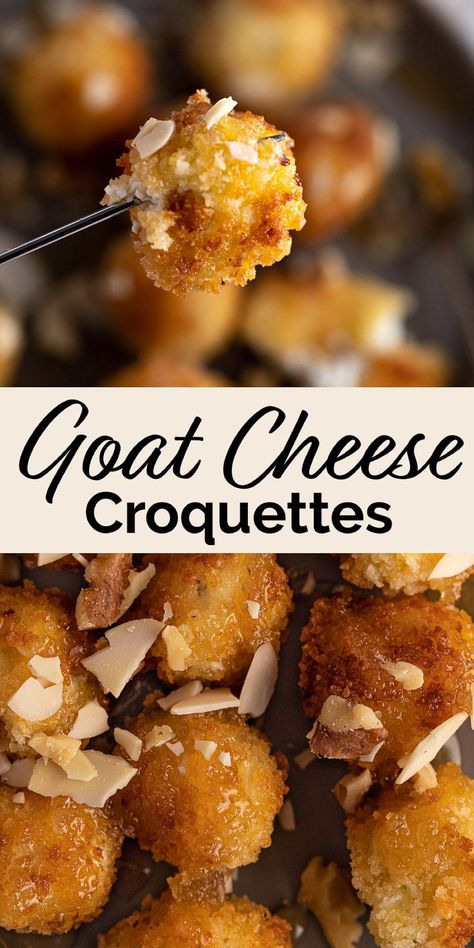 Goat Cheese Croquettes Recipe, Goat Cheese Croquettes, Goat Cheese And Honey Appetizer, Goat Cheese Puff Pastry Appetizer, Goat Cheese Snacks, Almond Appetizer, Crispy Goat Cheese, Cheese Croquettes, Goat Cheese Appetizer