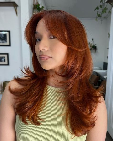 Layered Copper Hair, Long Hair Fringe Styles, Dark Orange Hair Color, Natural Copper Hair Color, Dark Copper Red Hair, Layered Shaggy Hair, Copper Burgundy Hair, Cooper And Blonde Hair, Brown Copper Hair Color