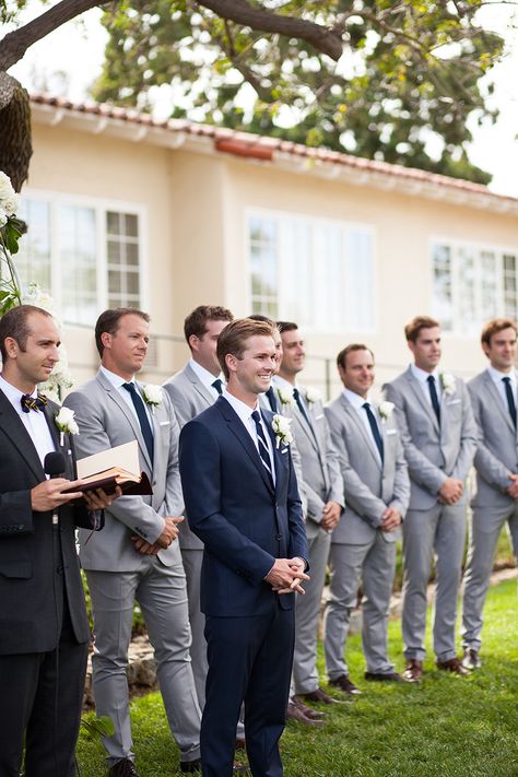 Photography: Studio 28 Photo - studio28photo.com - groom in navy, groomsmen in gray Navy Blue Groom, Groomsmen Outfit, Navy Groom, Best Wedding Suits, Men In Suits, Groom And Groomsmen Suits, Groomsmen Grey, Groomsmen Outfits, Wedding Groomsmen