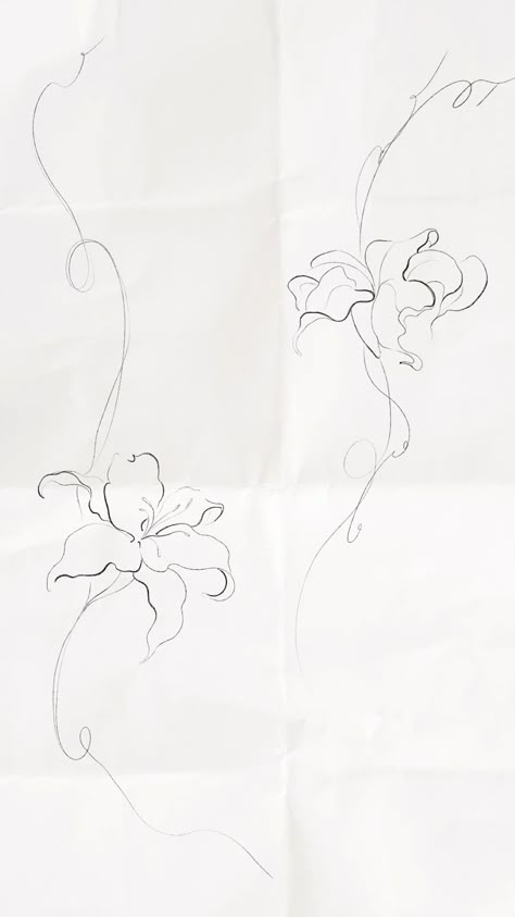 Flower Tattoo Template Design, Lunar Flower Tattoo, Cherry Blossom Tattoo Around Arm, Hip Lily Tattoo, Posie Flowers Tattoo, Fineline Lilly Tattoo, Floral Tattoo Ideas Female, Abstract Daffodil Tattoo, Fine Line Holly Tattoo