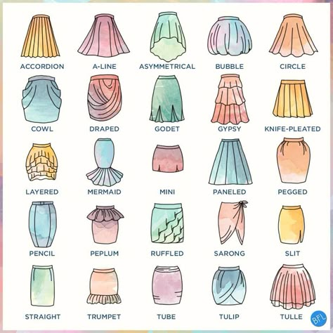 Skirt types from The Ultimate Clothing Style Guide. Description from pinterest.com. I searched for this on bing.com/images Fashion Illustration Techniques, Fashion Design Inspiration, Rok Mini, Fashion Drawing Sketches, Fashion Drawing Tutorial, Dress Design Drawing, Fashion Terms, Trendy Sewing, Fashion Vocabulary