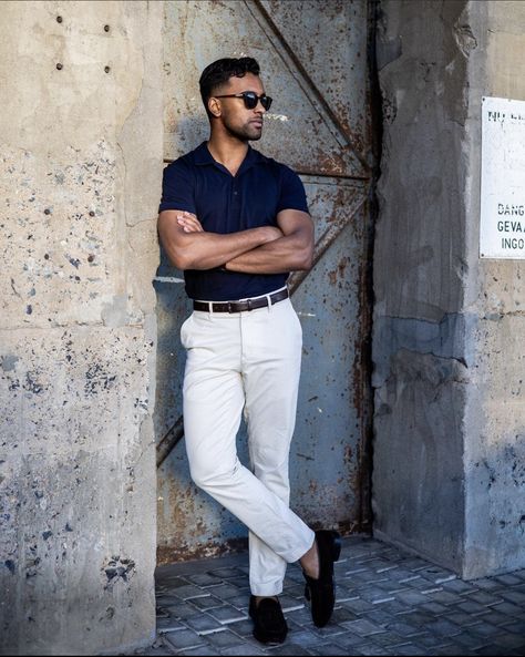 White Polo Shirt Outfit Men, White Polo Shirt Outfit, Mens Smart Outfits, Polo Shirt Outfit Men, Smart Outfits, White Slacks, Polo Shirt Outfits, Shirt Outfit Men, Black Shoes Men